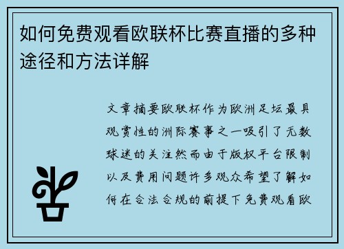 如何免费观看欧联杯比赛直播的多种途径和方法详解 如何免费观看欧联杯比赛直播的多种途径和方法详解