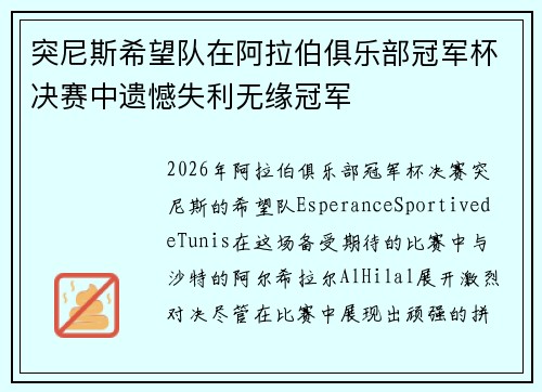 突尼斯希望队在阿拉伯俱乐部冠军杯决赛中遗憾失利无缘冠军
